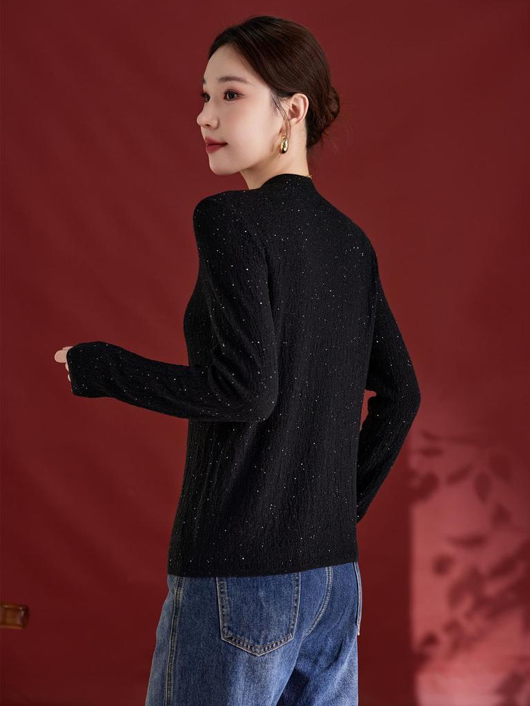 Women's Fashionable Sequin Yarn Wool Cardigan, Slim Fit Round Neck Sweater