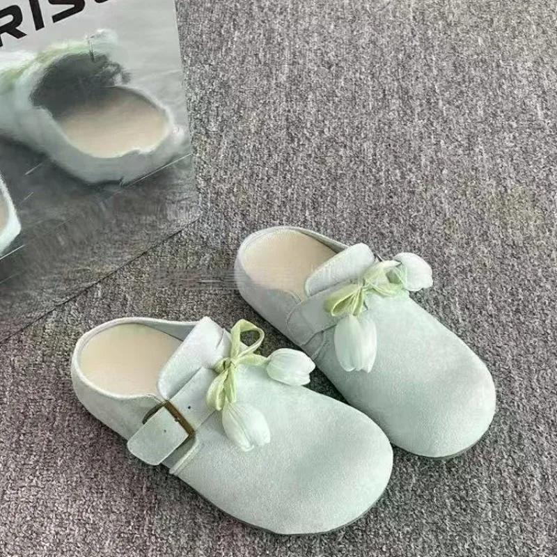 Women's Summer New Round Toe Deep Mouth Bow Flower Non-slip Wear-resistant Flats Platform Baotou Half Slippers Zapatos Mujer