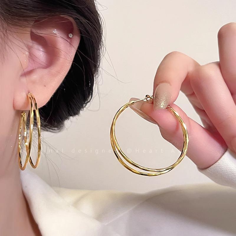 Double Layer Geometric Hoop Earrings - Women's Light Luxury Versatile Ear Cuffs, European & American Style, Exaggerated Circle Dangles Jewelry.
