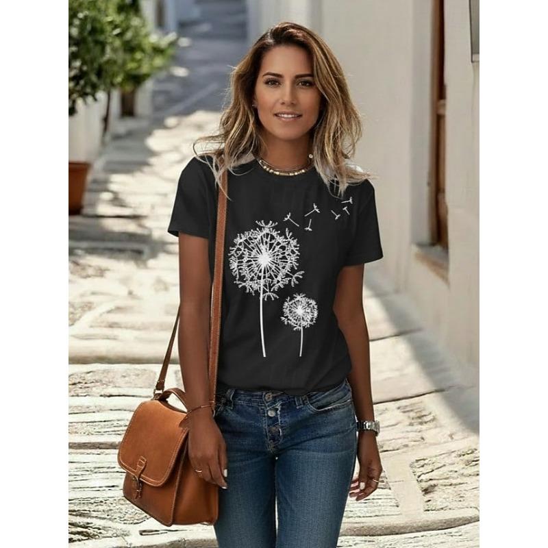 Women s Casual T-Shirt Dandelion Print Crew Neck White Short Sleeve Summer S