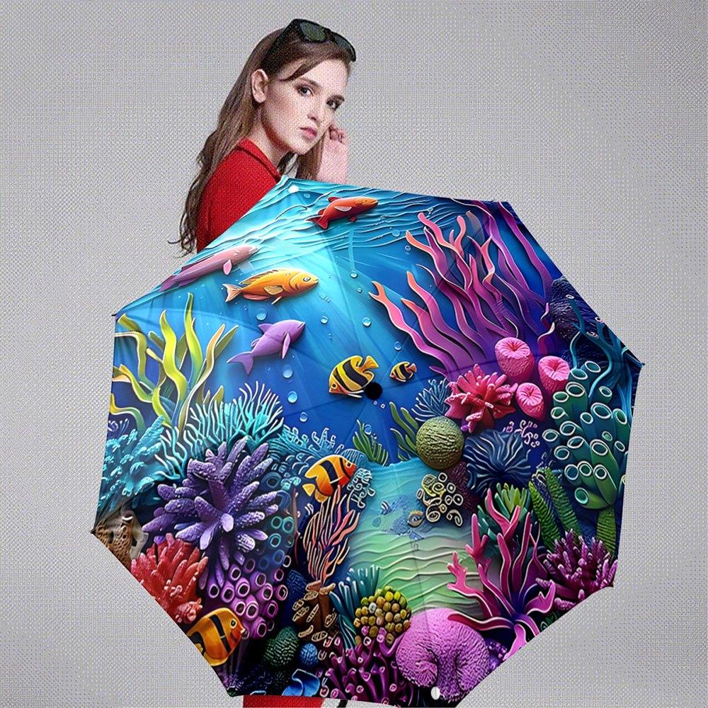 Ombrello Pieghevole Automatico con Design Barriera Corallina Sottomarina & Pesce Nemo - Ombrello Portatile Pieghevole a 8 Stecche con Vita Marina, Au