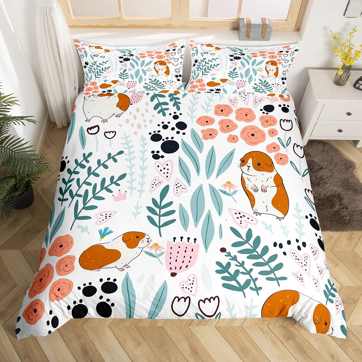 

Lovely Guinea Pig Soft Duvet Cover Set Carton Animal Polyester Beding for Young Boys Young Girls Red Strawbery Fruit Quen King Warm Comforter Cover 120*200cm Single