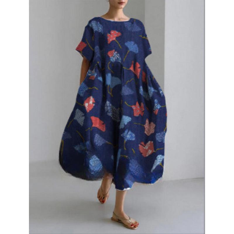 Damen Sommer Übergröße Gestreiftes Print Maxikleid, Lässiges Lockeres Rundhals Kurzarm Oversized A-Linien-Kleid
