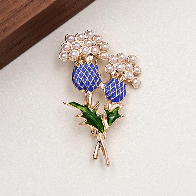 Korean Twin Flower Pearl Brooch: Blue Enamel Pin for Women's Fashion.