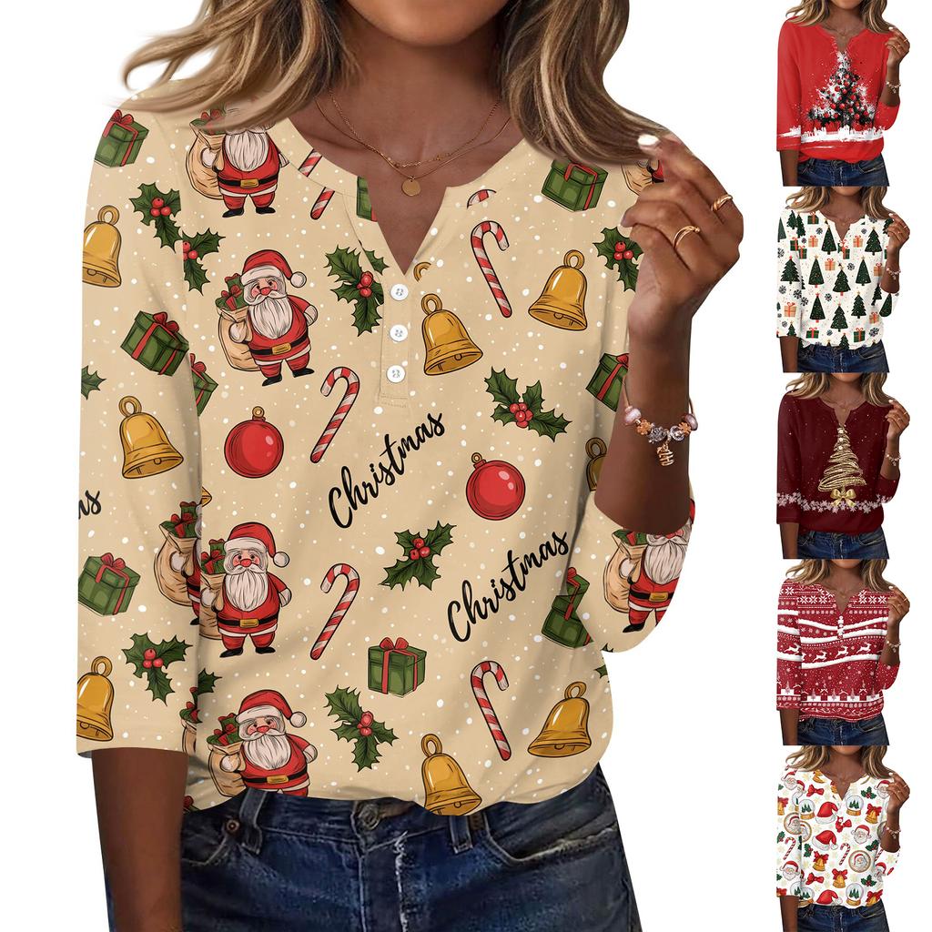 Women's Casual Christmas Print V-Neck Button-Front Three-Quarter Sleeve T-Shirt Top