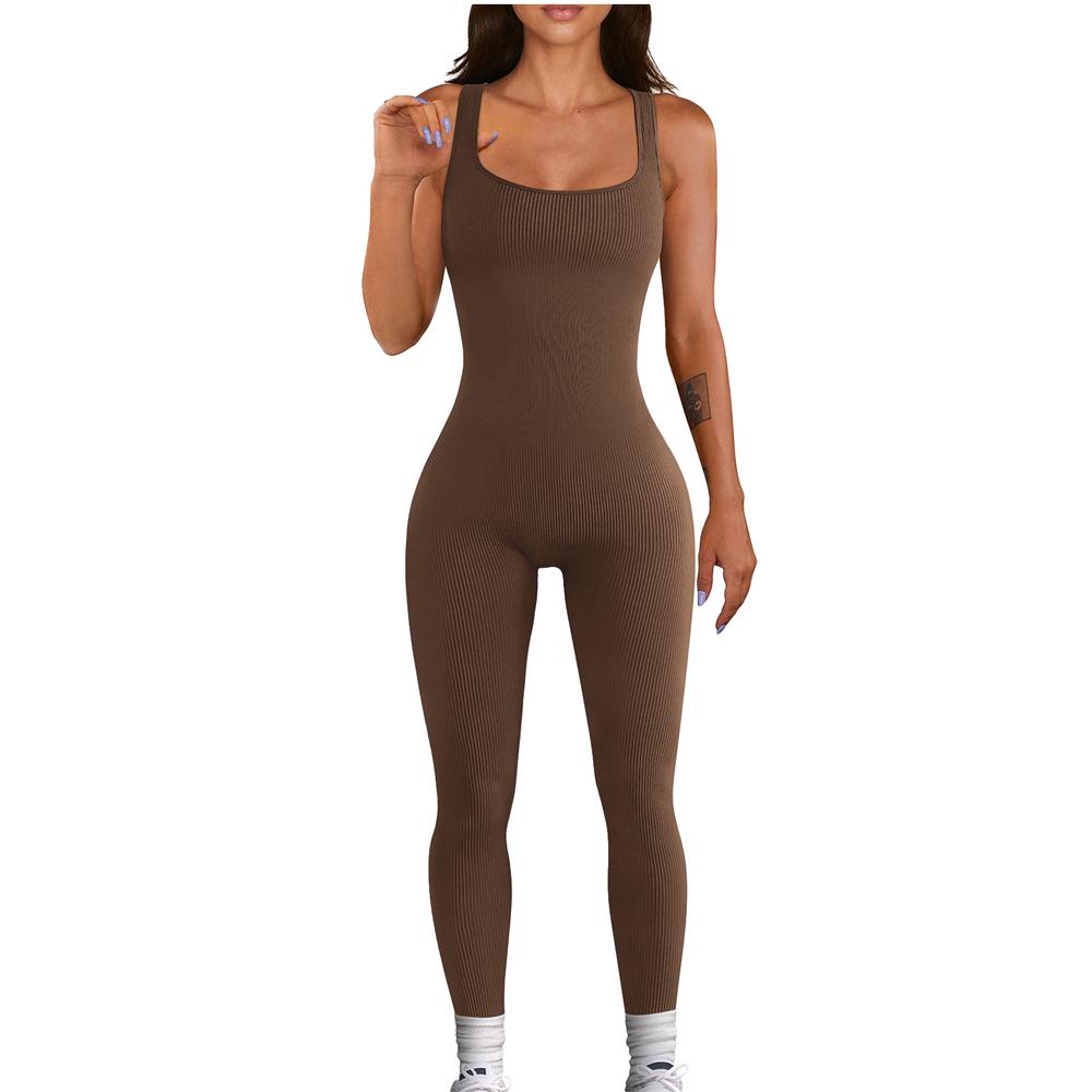 Ribbed Square Neck Sleeveless Bodysuit - Women's Solid Color Backless Slimming Sport Jumpsuit In Stock