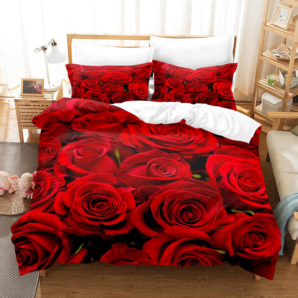 3D Digital Printing Three-Piece Quilt Cover Pillowcase Bed Sheet Quilt Cover Rose Bedding