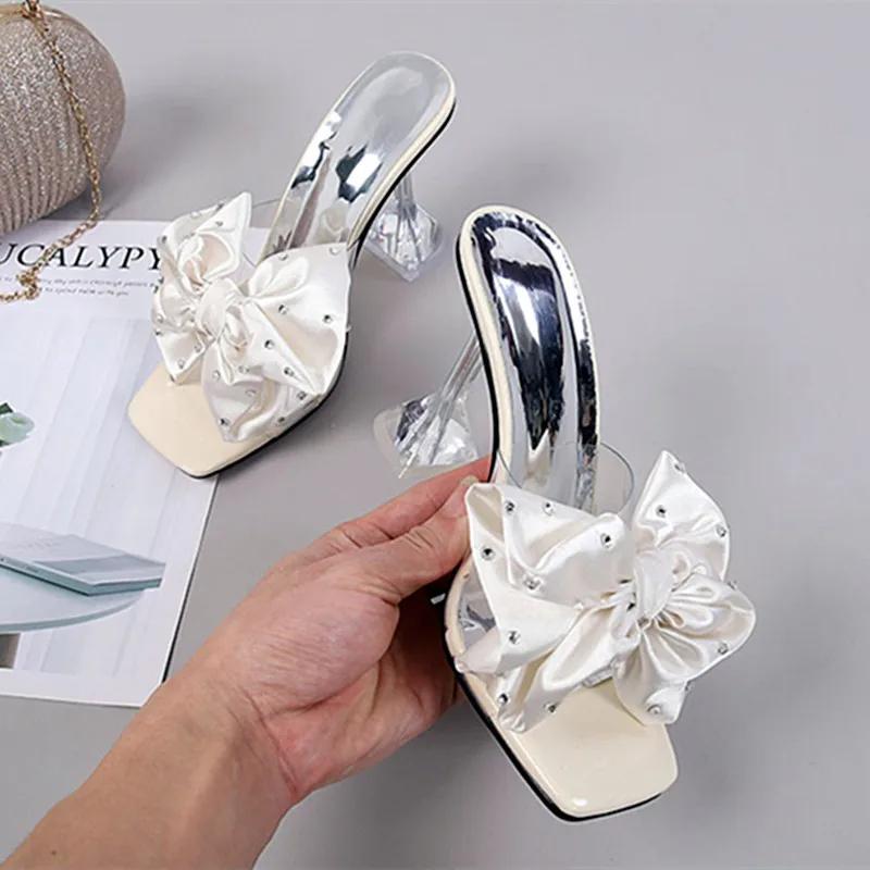 Fashion 2025 Fashion Crystal Bow High Heels Slippers Shoes for Woman Sexy PVC Transparent Sandals Women Slides Open Toe Pumps Blue Black
