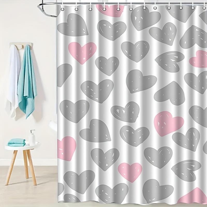 1pc Grayish pink heart-patterned shower curtain, polyester fabric, machine washable, with hooks, suitable for bathroom décor.