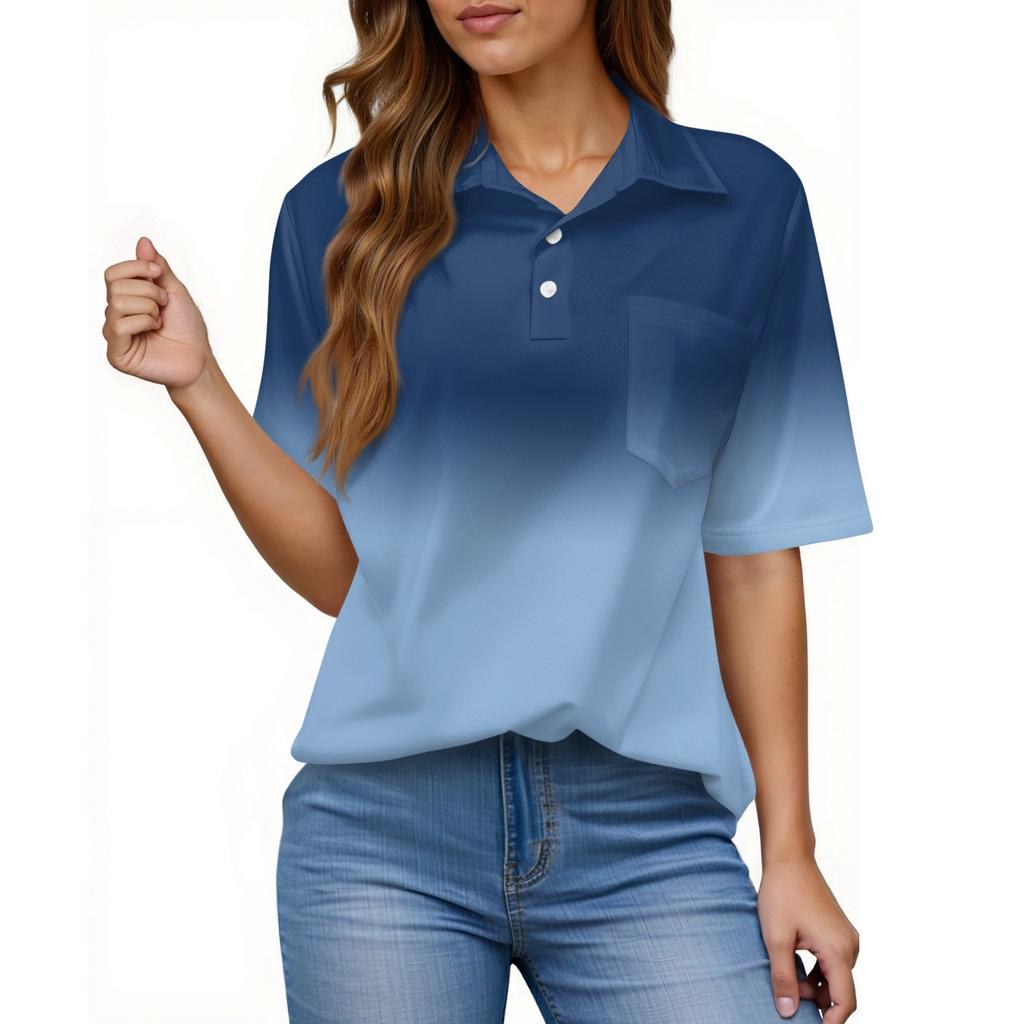 Women's Fashion Casual Button Pocket Shirt Short Sleeve Print Lapel Top