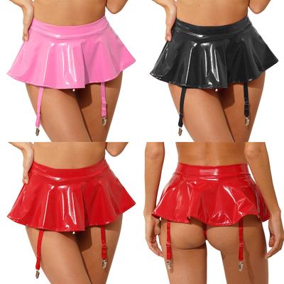 Faux Leather Skirts for Women High Waisted Ruffled Hem Mini Skirt with Garter Belts