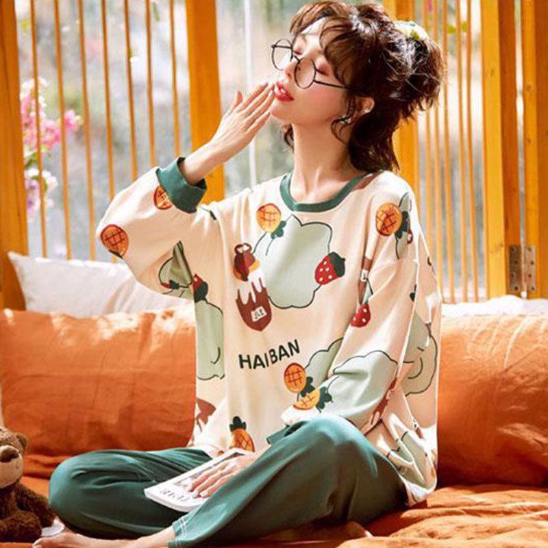 WeChat Herbst/Winter Damen Niedlicher Stil Rundhals Pyjama-Set - Langarm und Hose
