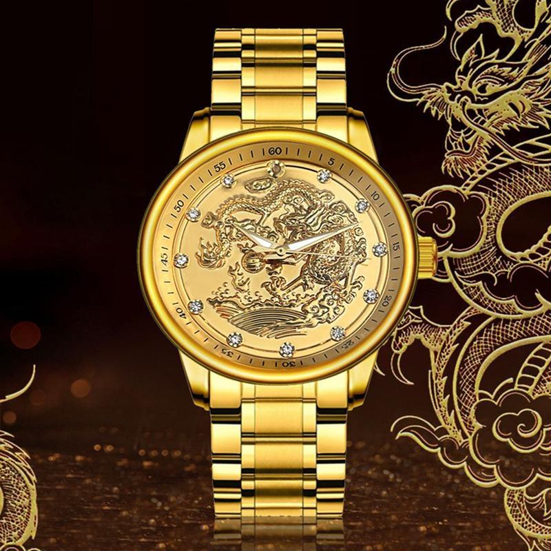 Men Automatic Mechanical Wristwatch Luxury 3D Ship with Diamond Golden Dragon Watch