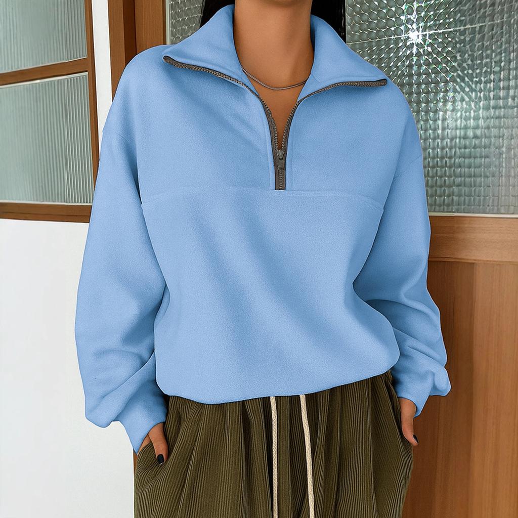 Women's Casual Loose Fashion Solid Color Long-sleeved Zipper Pullover Lapel Sweatshirt