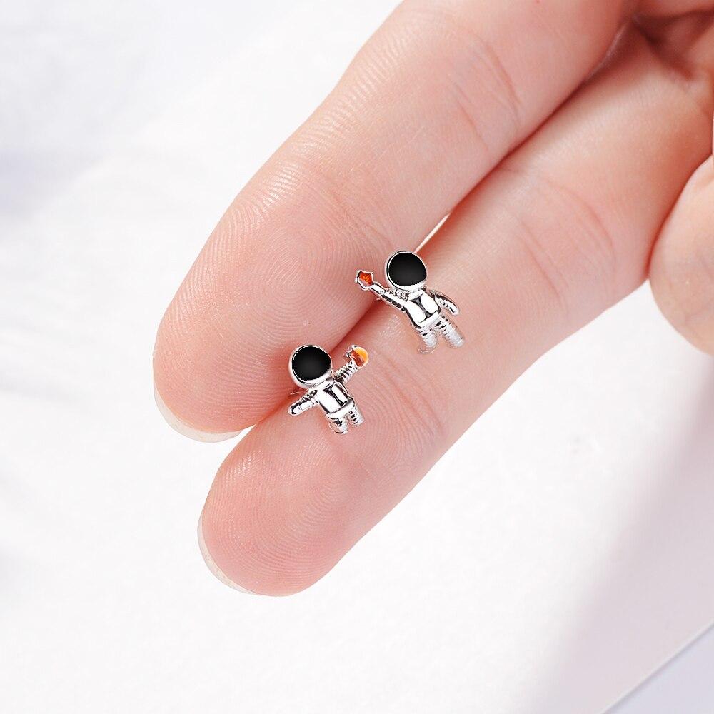 925 Sterling Silver Sky Space Astronauts Small Asymmetric Stud Earrings With Crystal For Women Girl S -E919