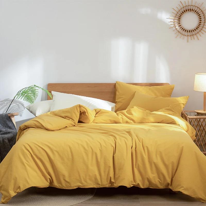 New minimalist color woven washed cotton four piece set, pure cotton bedding, thickened - solid color series