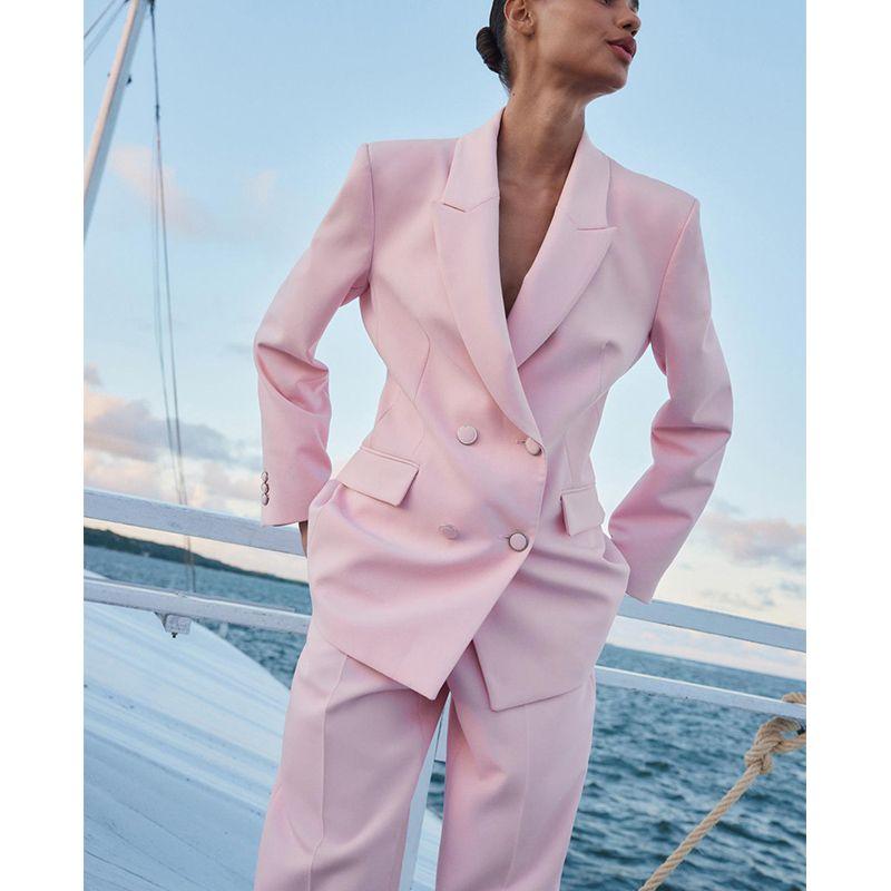Lapel Long Sleeves with Padded Shoulder Double Breasted Suit Outwear 2205597 High Waist Ankle Pants 2199597