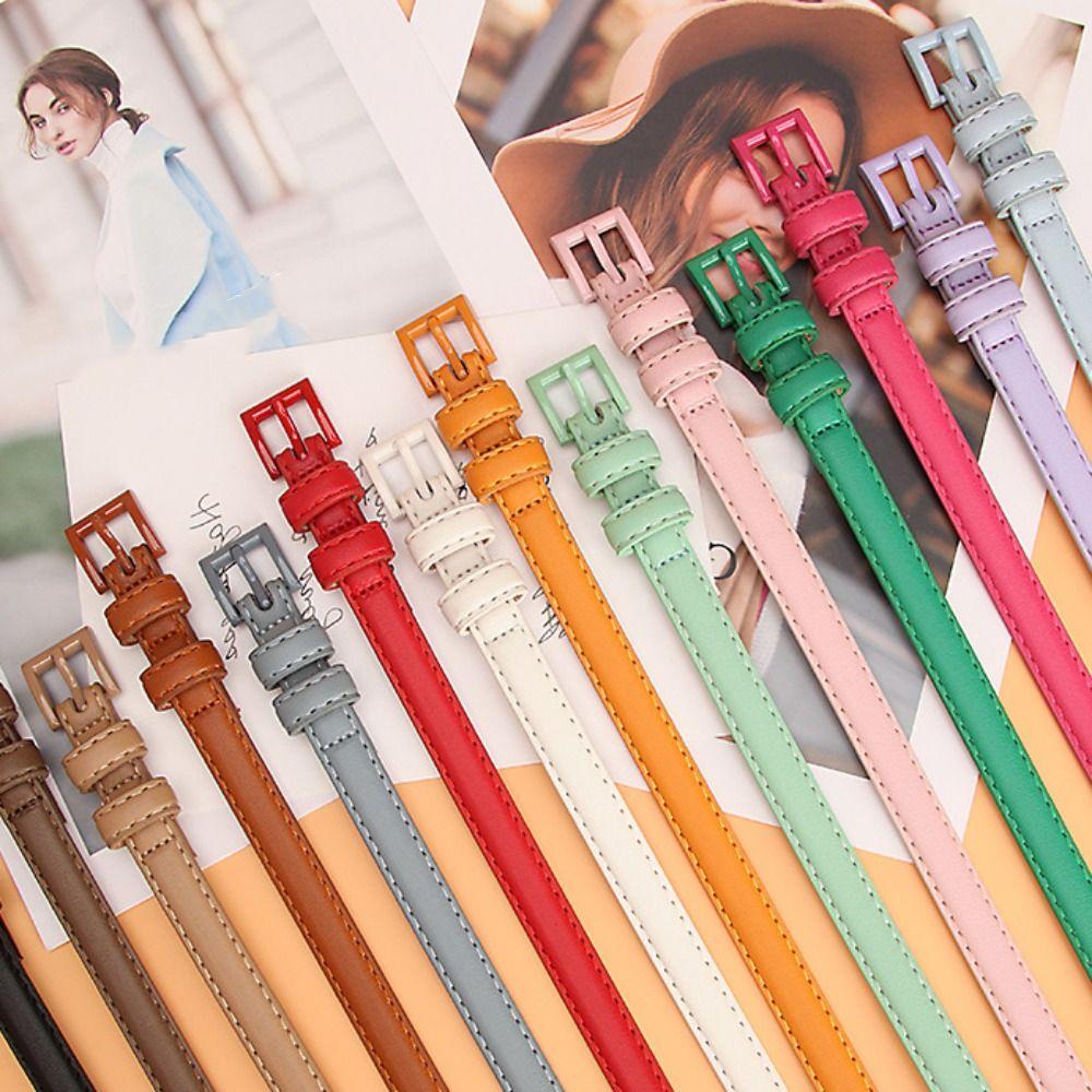 Pu Leather Thin Waist Belt Elegant Dress Waistband Classic Candy Color Belt  Daily