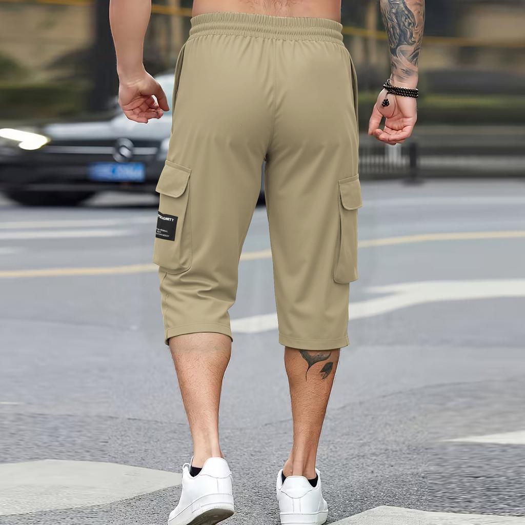 Pantaloni bărbătești cu lungime trei sferturi, cu șnur, talie elastică și buzunare
