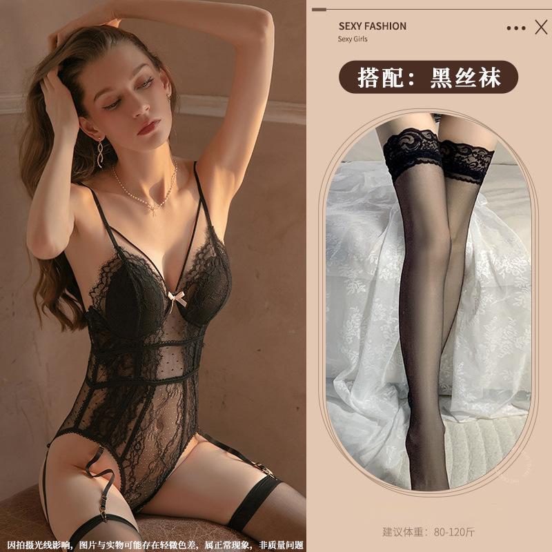 Sexy underwear Sexy lace one-piece open gear free hidden buckle Adult products Suspender transparent temptation