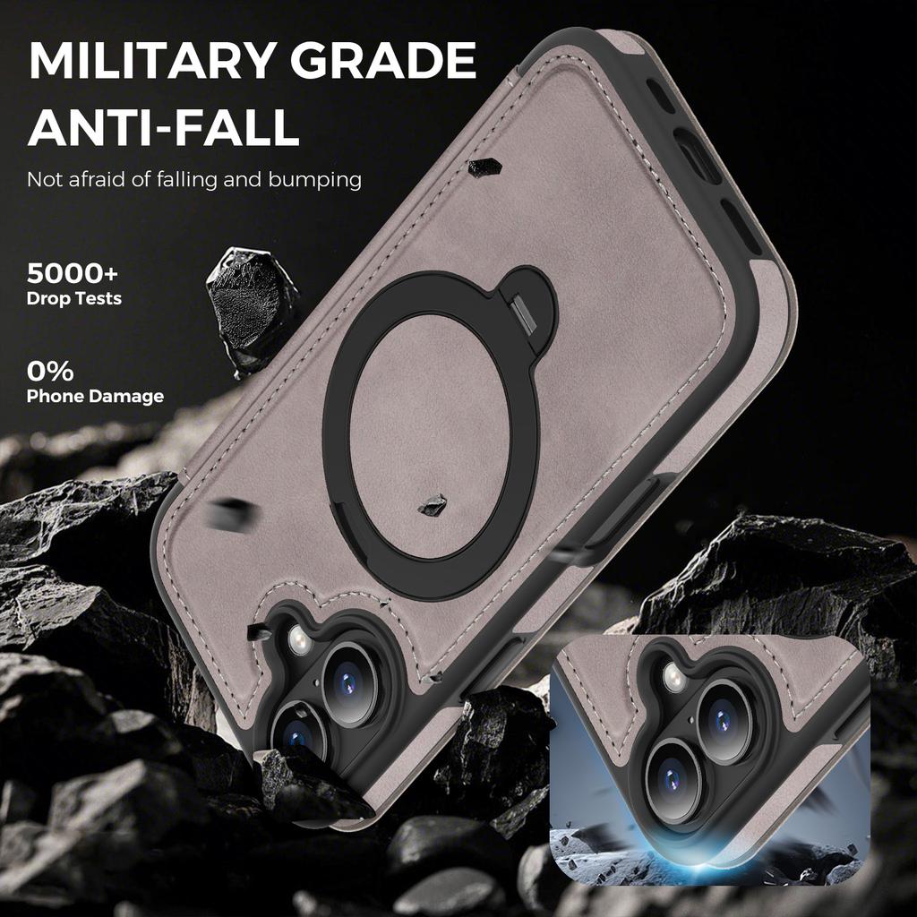 For iPhone 16 Case Compatible with MagSafe RFID Blocking Leather Wallet Cover with Rotating Ring Kickstand