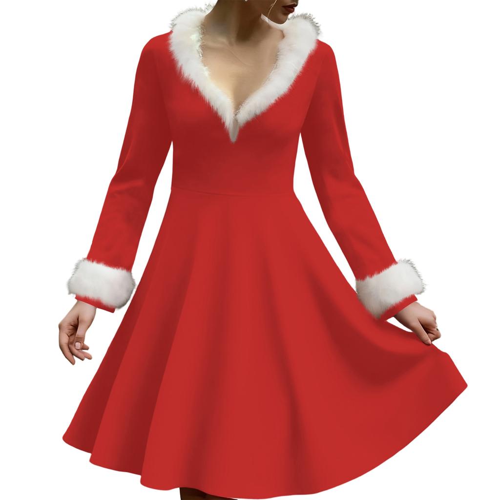 Women's Casual V-neck Christmas Print Plush Long-Sleeve Casual Dress