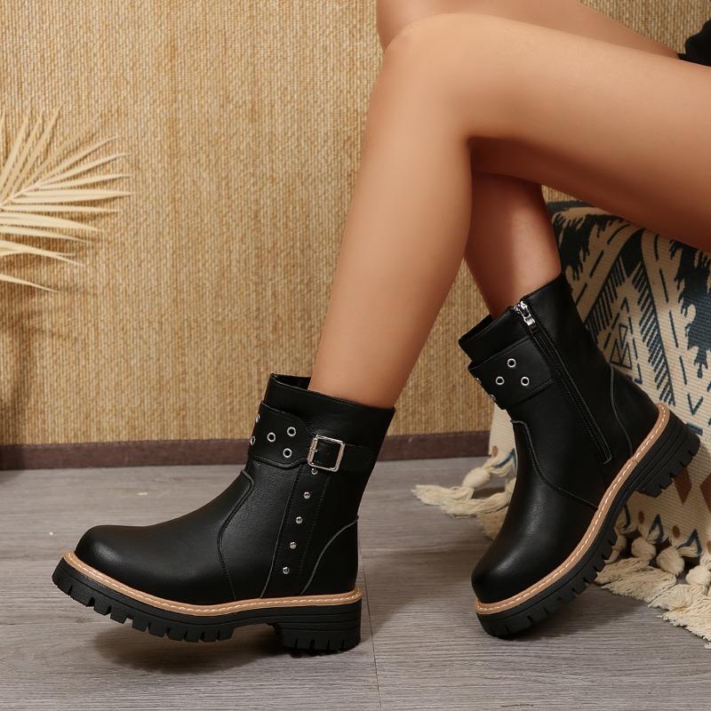European and American Large-size Leather Boots, Belt Buckle, Medium Tube Martin Boots, Women's Autumn New Rivet Side Zipper Cigarette Tube Boots