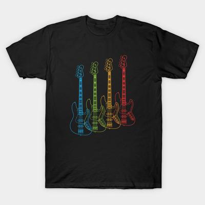 Men Black Print T-shirt Four J-Style Bass Guitar Outlines Multi Color No-Cut Transfer Paper Print Cotton Tshirt