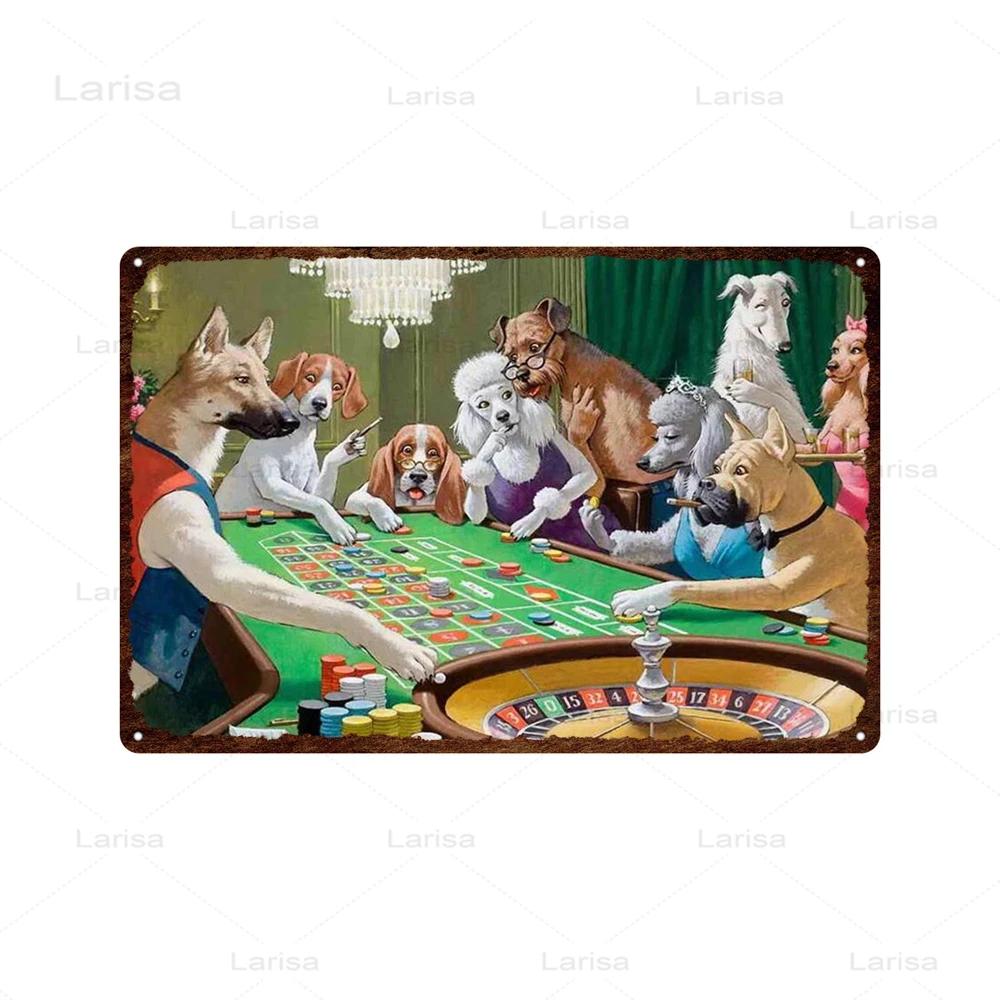 Dogs Playing Poker Game Metal Plaque Animals Playing Billiards Tin Sign Garage Club Wall Pub Tin Sign Vintage Metal Posters
