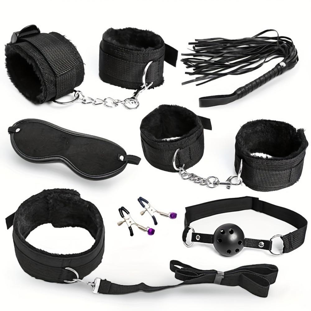 Set 7 piese Bondage Restricții - Manșete pentru încheieturi/glezne, Mască pentru ochi, Dop bucal pentru petreceri pentru adulți și joc senzual
