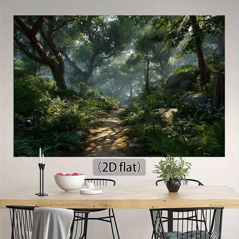 2D Woodland Forest Backdrop, Misty Green Path Background for Outdoor Themed Party