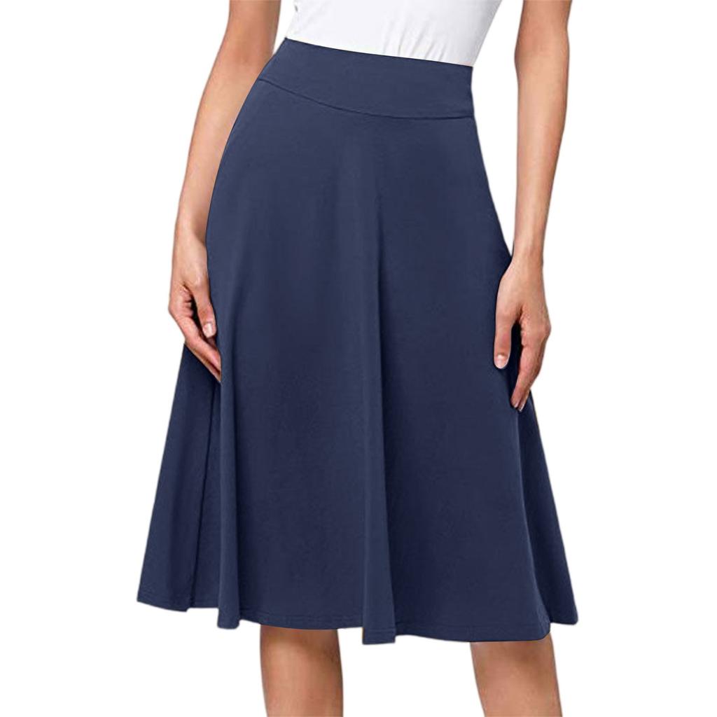 Women's High Waist Knee Length Elastic Knit A-Line Stretch Flared Casual Midi Skirt