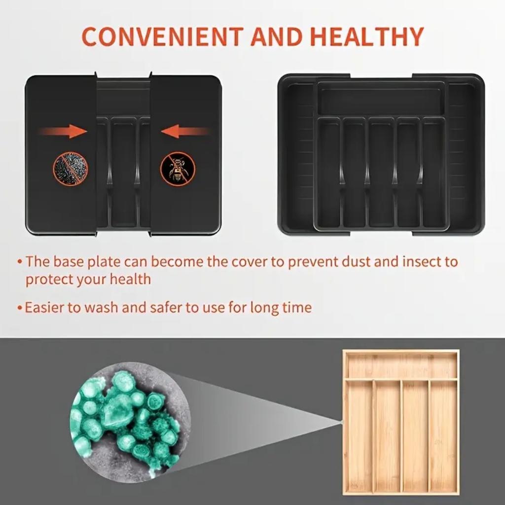 1pc Silver Drawer Storage Box, Expandable Kitchen Utensil Tray, Adjustable Plastic Storage Rack for Spoons, Forks, and Knives