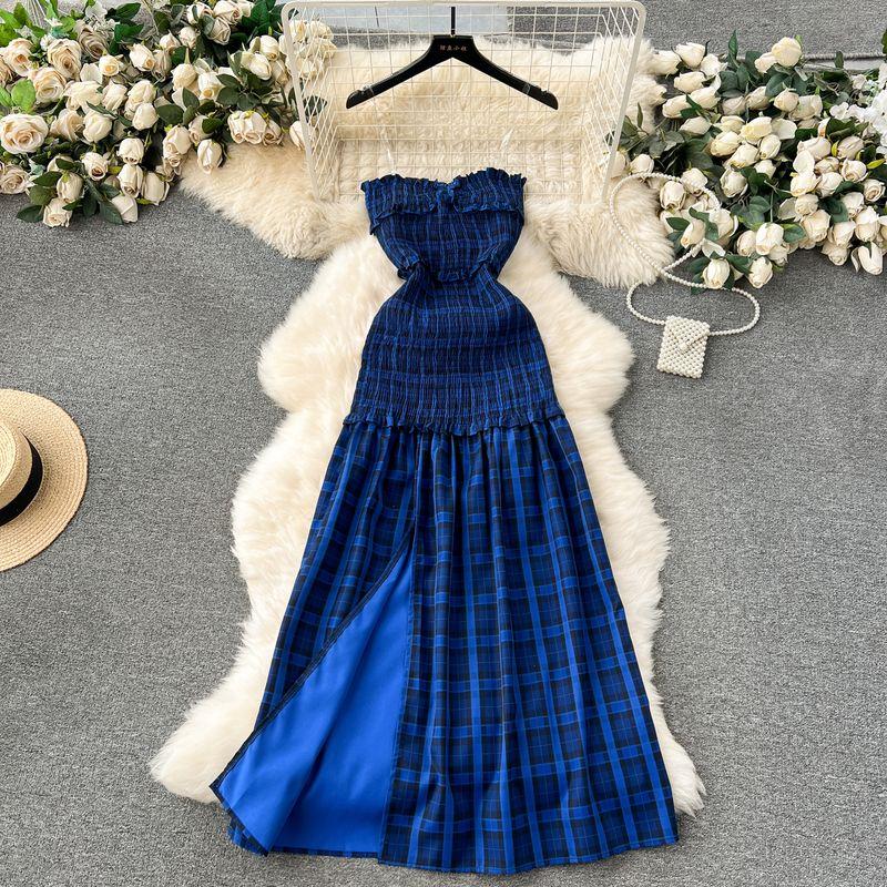 

Tartan Skirt Wooden Ear Elastic Silm Scheming Tube Top Blue Gingham S