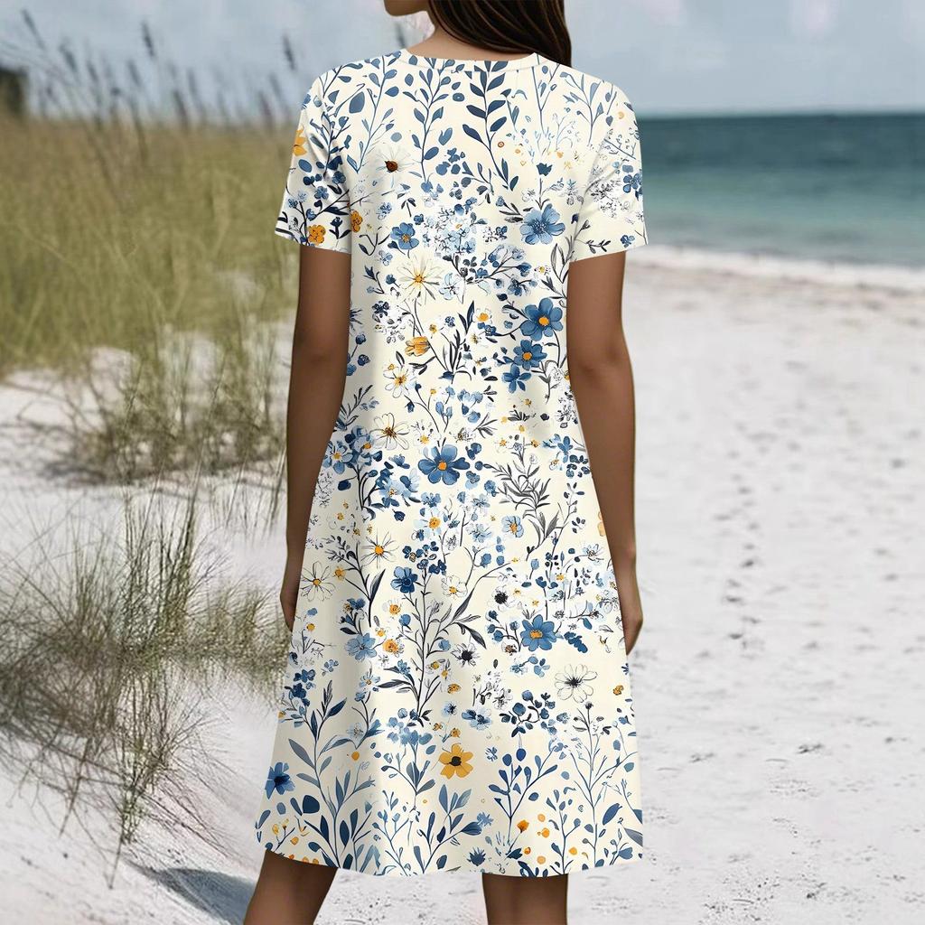 Short Sleeve Boho Dress For Women Casual Loose Fit Sundress Print Round Neck Dress With Pockets