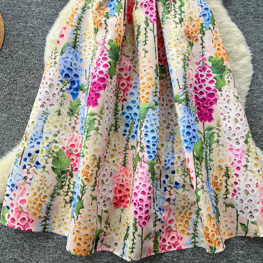 Robe sans manches à col rond imprimé style européen américain pour femmes, haut de gamme, niche, fête d'anniversaire, taille ajustée, bouffante, maxi