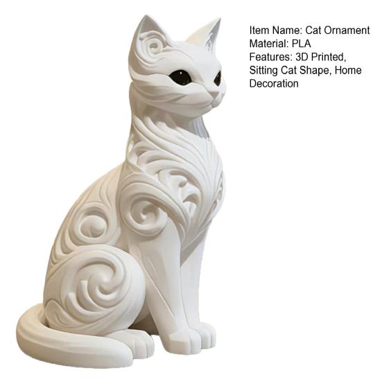 3D Printed Sitting Cat Figurine Ornament Baroque Carving Kitten Statue Sculpture Home Office Decoration Ornament Gift for Cat Lovers