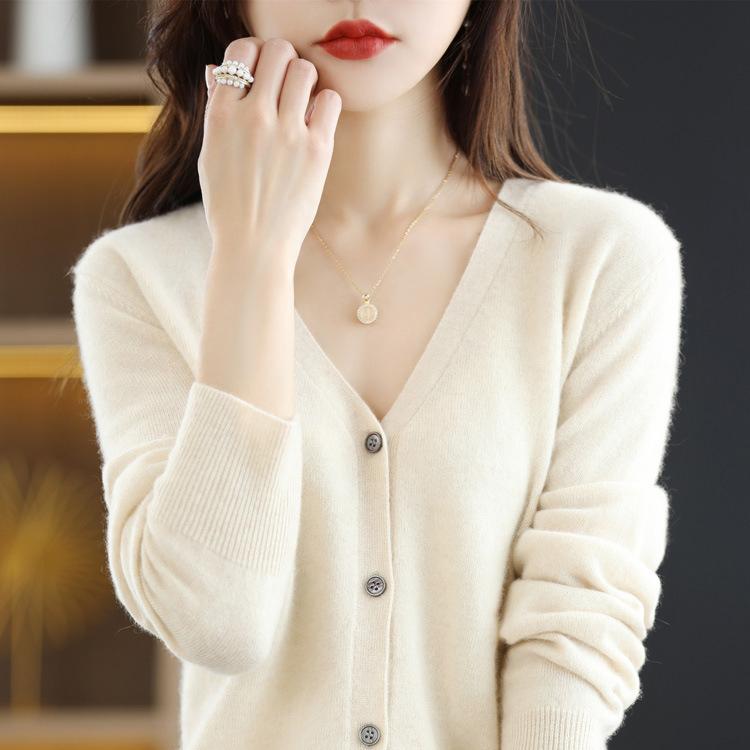 Palton cardigan tricotat din lână, cu decolteu în V, de toamnă și iarnă, de culoare solidă