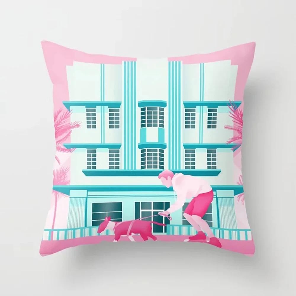 Pink Cartoon City Print Pillowcase Car Ornaments Office Living Room Home Pillowcase