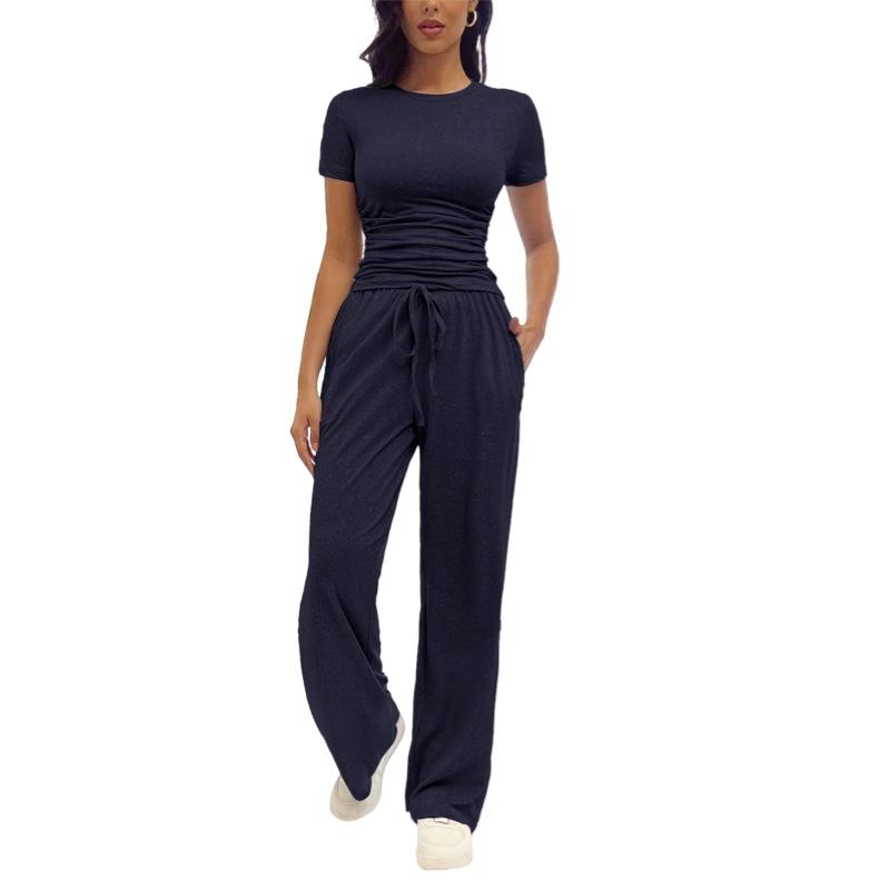 Fashion Casual Set Kardashian Style Ruched Short Sleeve Top Long Pants Set For Women