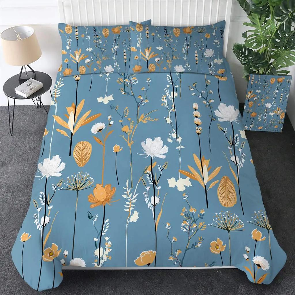 Aquarell Botanische Blume Bettbezug-Set King Size Wildblume Orchidee Floral Bedrucktes Bettwäsche-Set Elegante Shabby Chic Tagesdecke