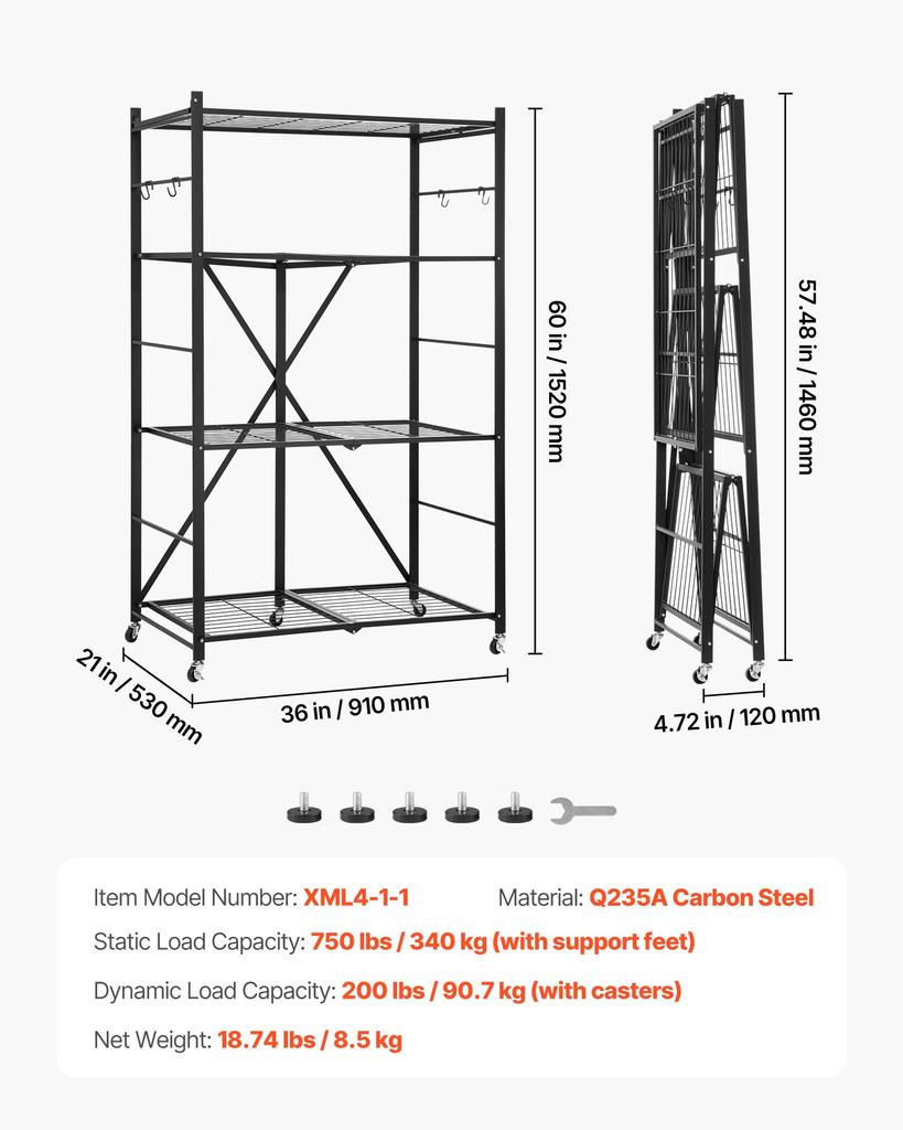 VEVOR 4-Tier Foldable Storage Shelf, 36W x 21D x 60H Inch Folding Metal Rack Shelving Unit
