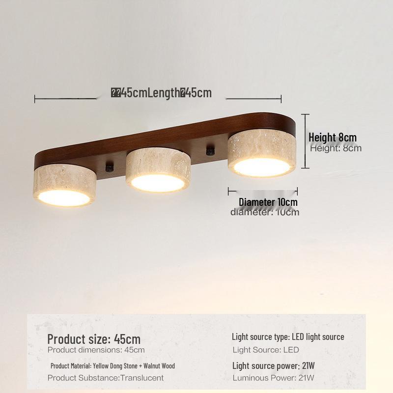 Wabi-Sabi Style Yellow Travertine and Walnut Ceiling Light for Hallways, Cloakrooms, and Balconies