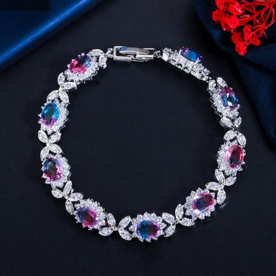 Bracciale tennis da donna con design a foglia di zirconi cubici arcobaleno mistico WWJ