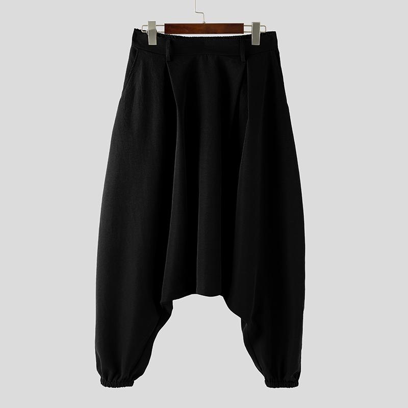 INCERUN Men Elastic Waist Casual Long Drop-crotch Pants Side Rivet Trousers 2XL чёрный