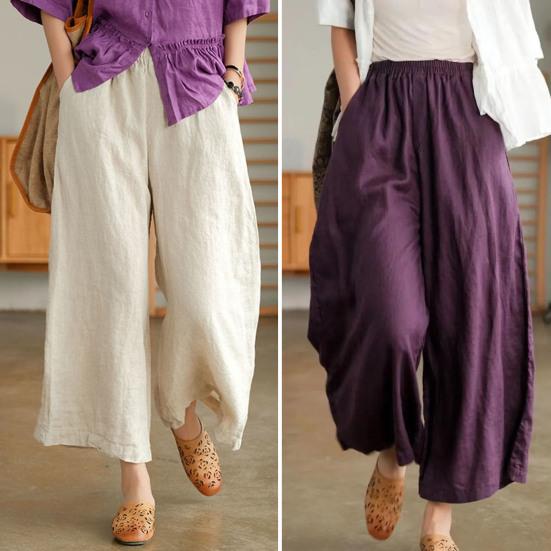 Women Summer Spring Pants Wide Leg Oversized Straight Solid Color Elastic Waist Match Top Pockets Deep Crotch Lady Ninth Pants Lady Garment