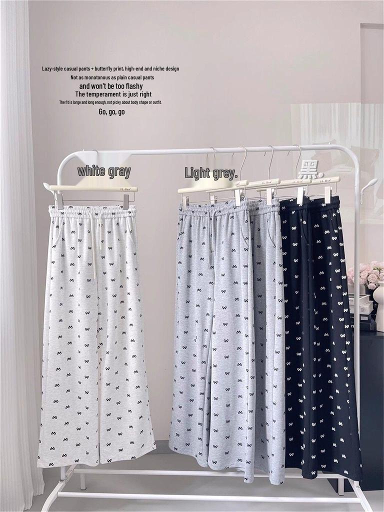 Bow Print Petite High-Waist Wide-Leg Walking Pants for Women