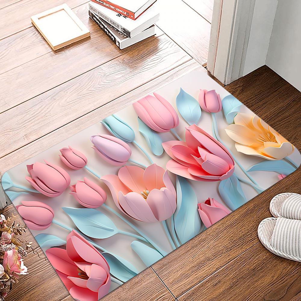 Colored Tulips Diatom Mud Entrance Antislip Home Outdoor Kitchen Rug Washable Hallway Bathroom Porch Floor Door Mat Decorate