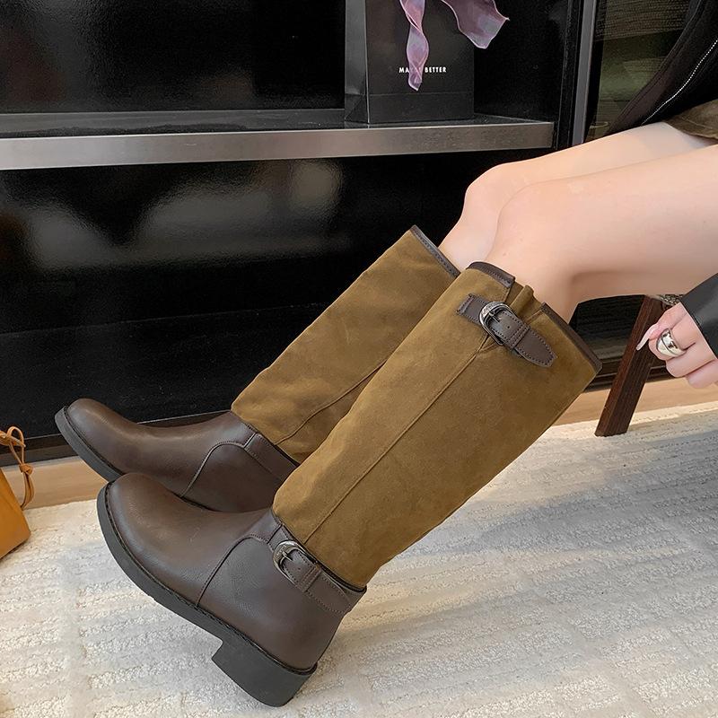 Cowhide Version~ Dong Jie's Same Splicing Pile Boots for Women's Autumn and Winter 2025 New Knight Boots Retro Wind Boots