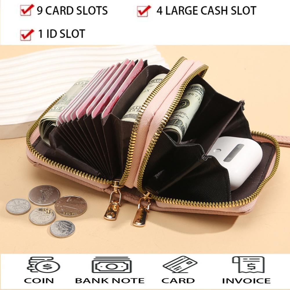 Rfid Card Holder Double Zipper Women Wallet Pu Leather Organ Card Bag Purse Large Capacity Multi-Solt Bank Card Cover Business Card Clip With Window